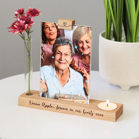 Memorial Photo Display Ideas For Home, Personalized Memorial Candles, Memorial Candle Holder, Unique Photo Frames, Picture Frames Standing, Stem Vase, In Remembrance, Personalized Photo Frames, Candle Supplies