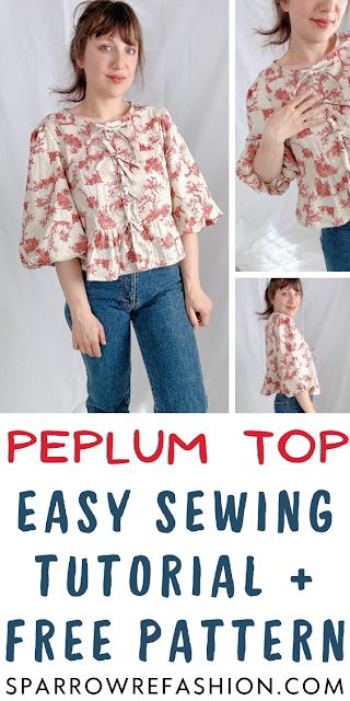 Tie Front Blouse - Sewing Tutorial with Free Pattern - Sparrow Refashion: A Blog for Sewing Lovers and DIY Enthusiasts Blouse Pattern Sewing Free, Tie Front Top Pattern, Blouse Pattern Free, Sparrow Refashion, Top Pattern Sewing, Shirt Patterns For Women, Dress Sewing Patterns Free, Blouse Sewing, Sewing Blouses