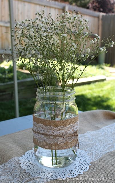 Simply Beautiful By Angela: Burlap and Lace Bridal Shower Mason Jar Olive Decoration, Cupcake Boxes Packaging, Olive Decor, Wedding Dress Cupcakes, Backyard Baby Showers, Bridal Shows, Distressed Mason Jars, Bride Game, Beach Backyard