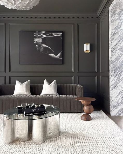 Moody Tv Room, Black Accent Walls, Human Form, Cinema Room, Wall Molding, Beneath The Surface, Movie Room, Grey Tones, Formal Living