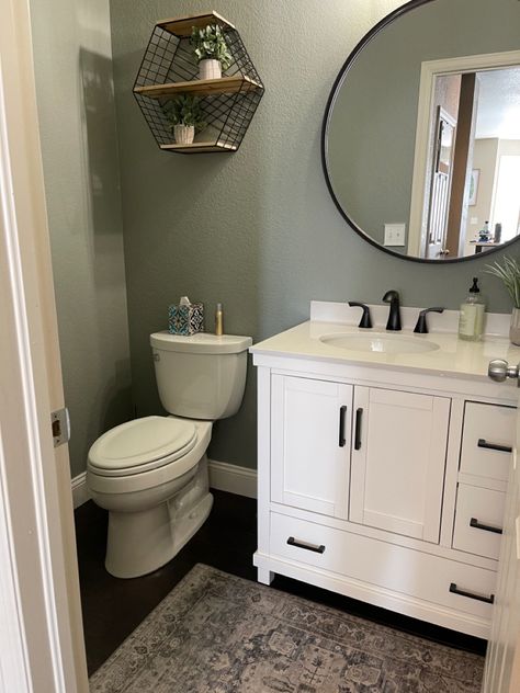 Basil Sherwin Williams Bathroom, Sage Green Bathroom Accent Wall, Gray Accent Wall Bathroom, Small Bathroom Ideas Sage Green, Acacia Haze Sherwin Williams Bathroom, Clary Sage Sherwin Williams Bathroom, Sage Green Half Bathroom, Evergreen Fog Half Bath, Acacia Haze Sherwin Williams Bedroom