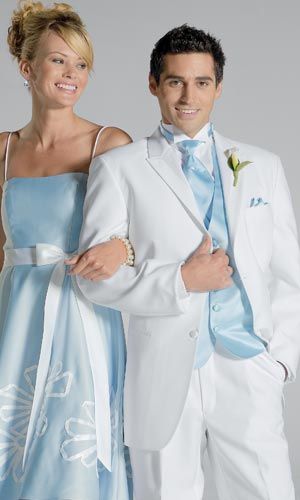 The white tux with that bridesmaids blue under, instead of this light blue... White Prom Suit, Prom Tux, White Tux, Groom Tux, Prom Suits For Men, Wedding Tux, Light Blue Tie, Blue Tuxedos, Cinderella Wedding