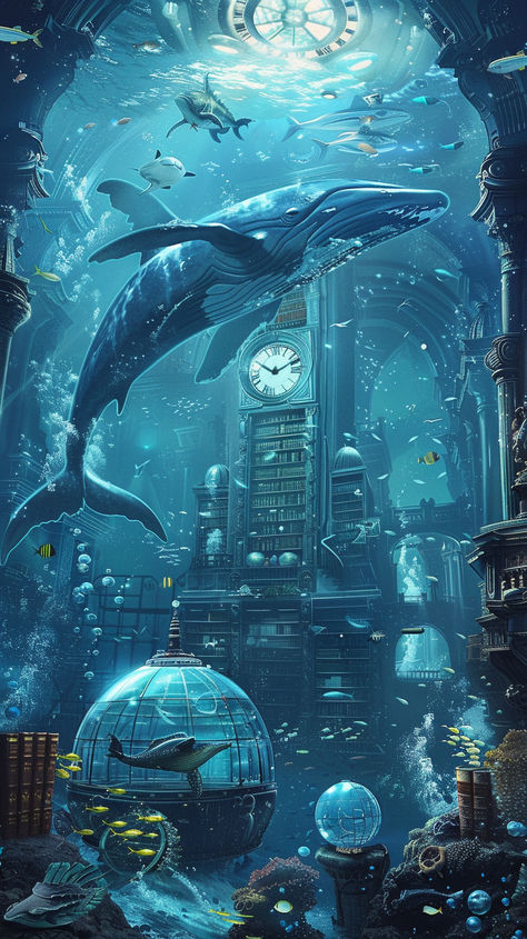 Dive into the depths of imagination with this enchanting underwater library, where glass domes house sphere-shaped books and a grand clock stands at the center, ticking away in a world submerged in deep blue. 📚🐳#UnderwaterLibrary #FantasyArt #OceanicWonder #ScienceFictionFantasy #DreamyAtmosphere #ImaginaryWorlds #SurrealCreatures #WhaleAbove #ArtisticWonder #FantasyIllustration #OceanDreams #DeepBlueSea #foryoupage #fyp #art Underwater Cathedral, Underwater Library, Underwater World Art, Mythical Places, Underwater Tunnel, Underwater Aesthetic, Deep Underwater, Acrylic Ideas, Underwater City