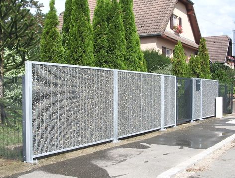 Modern Fence Design, Gabion Wall, Fencing & Gates, Boundary Walls, Modern Fence, Tropical Houses, Fence Design, Facade Design, Stone Wall