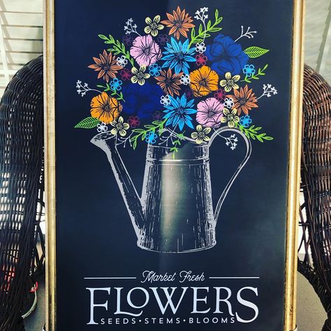 Gold Chalk Board Frame from Micheals. Water Can Chalk Couture Transfer along with Flowers. Fresh Flowers Chalkboard Sign, Spring Chalkboard, Window Paintings, Chalkboard Wall Art, Chalkboard Writing, Plank Art, Chalk Crafts, Fresh Flower Market, Chalk Sign