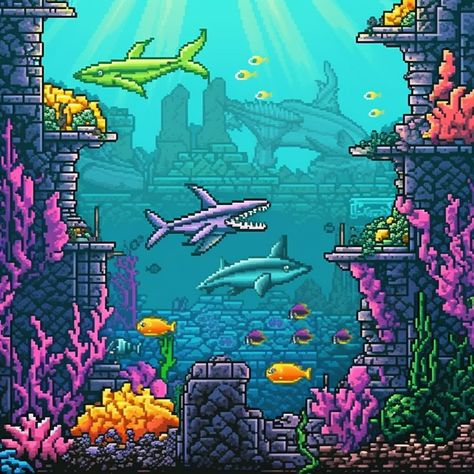 funny big eyed sharks, underwater castle, multicolored corals around, sunlight, pixel art style, clean 8 bit, sega genesis Pixel Art Underwater, Shark Pixel Art, Sharks Underwater, Underwater Castle, Sprite Sheet, Underwater Video, Sea Plants, Underwater City, Art Pretty