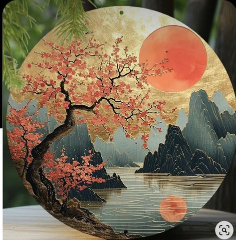 Circle Canvas Painting Art Ideas, Painting On Circular Canvas, Circular Paintings, Circular Canvas Painting, Circular Canvas, Illustration Kunst, Gold Art Painting, Circle Canvas, Landscape Painting Tutorial