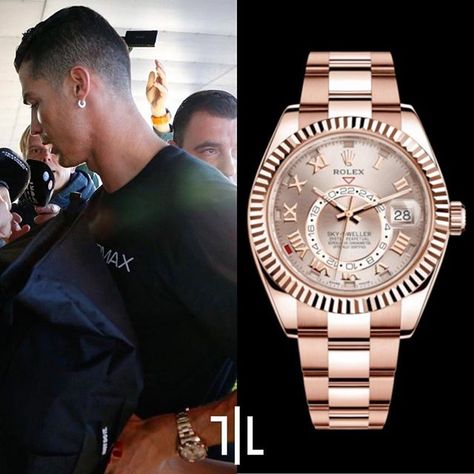 The Football legend @cristiano wears a @rolex Oyster Perpetual Sky-Dweller in 18K rose gold with sundust dial. The dial on the Sky-Dweller ref. 326935 features applied 18K everose roman numerals and rectangular apertures located behind each numeral. These cutout apertures are where the corresponding month is displayed by a bright red disc.  Price : $ 48,850.00  #rolex #skydweller #ronaldo #cr7 #watches #luxury #cristiano #football #juventus #champions #watch  #InsaneLuxuryLife Photo : Quimi Orti Sky Dweller, Ronaldo Cr7, Watches Luxury, Rolex Oyster Perpetual, Watch For Men, Rolex Oyster, Oyster Perpetual, Sports Watch, Timeless Accessories