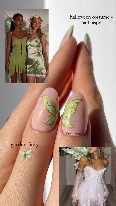 fairy nail look with butterfly wings!! perfect for a halloween fairy costume Simple Fairy Nails, Fairy Garden Nails Design, Fairy Wing Nails, Fairy Garden Nails, Fairy Nails Acrylic, Nail Design Butterfly, Fairy Aesthetic Nails, Tinkerbell Nails, Halloween Fairy Costume