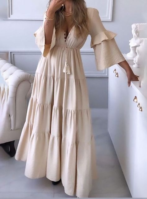 Dress Sleeve Styles, Long Skirts For Women, Ruffle Sleeve Dress, Solid Color Dress, Maxi Robes, Loose Outfit, Summer Party Dress, Skirt Women, Long Sleeve Maxi