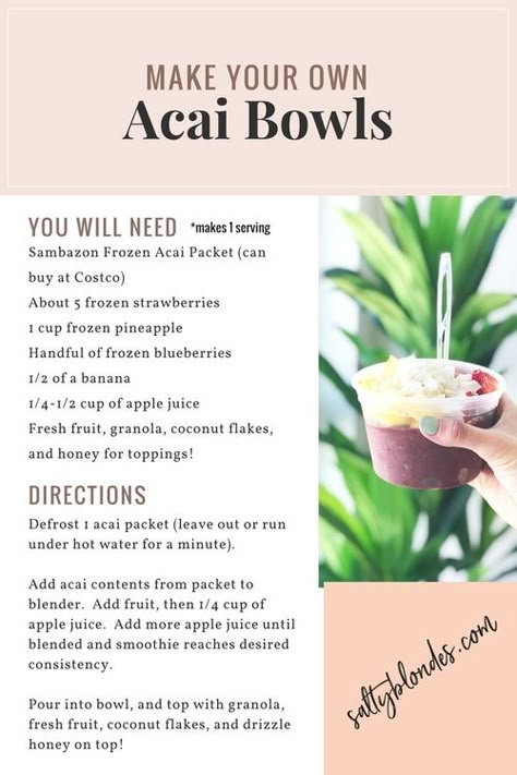 Acai Bowl Recipe Easy How To Make, Sambazon Acai Bowl Recipes, Make Acai Bowls At Home, Acai Bowl Topping Ideas, Jamba Juice Acai Bowl Recipe, How To Make Acai Puree, How To Make Acie Bowls, Acai Bowl Ideas, How To Make Acai