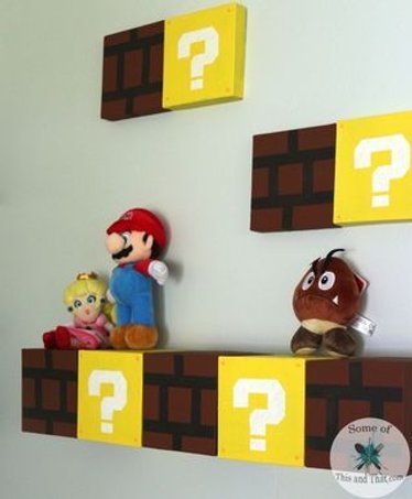 Mario Shelves, Mario Block, Mario Bros Room, Super Mario Bedroom, Block Shelves, Mario Bedroom, Super Mario Room, Mario Crafts, Mario Room