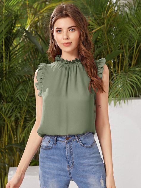 Ruffle Collar Blouse, Stylish Fall Outfits, Womens Sleeveless Tops, Modieuze Outfits, Plain Tops, Summer Blouses, Women Blouses, Fashion Tops, Fashion Online Shop