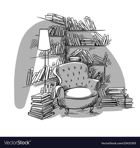 Cozy Reading Nook Illustration, Home Library Illustration, Reading Room Drawing, Reading Nook Illustration, Reading Nook Drawing, Bookshelves Drawing, Nook In Bedroom, Reading Nook In Bedroom, Dairy Art