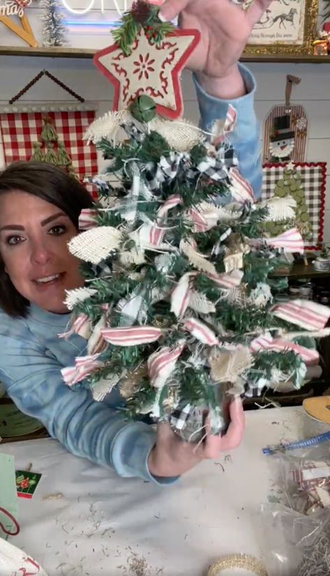 Rag Bows For Christmas Tree, How To Make Rag Christmas Trees, Crafts With Dollar Tree Christmas Trees, Dollar Tree Christmas Trees Ideas, Diy Rag Tree, Rag Trees Christmas Diy, Dt Christmas Diy, Dollar Tree Christmas Tree Diy, Rag Christmas Tree Diy