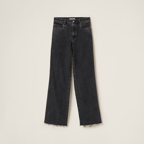 Miu Miu's Embroidered Logo Stands Out Against The Simple Lines Of These Black Denim Pants Thanks To Its Iconic And Distinctive Note. The Sleek Lines Define A Versatile And Contemporary Look. Miu Miu Jeans, Miu Miu Pants, Posh Clothing, Silk Joggers, Black Denim Pants, Suede Pants, Boucle Jacket, Black Denim Jeans, Silk Shorts