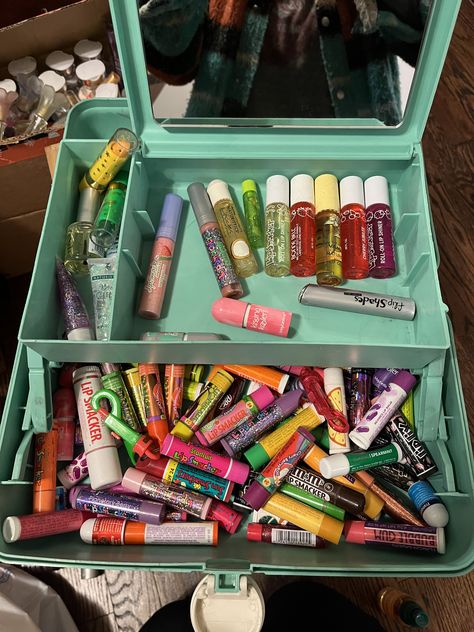 90s Makeup Products, Lippies Collection Aesthetic, Chapstick Aesthetic Collection, Caboodle Aesthetic, Caboodles Organization, Kids Makeup, 2000s Nostalgia, Kids Growing Up, 90s Hairstyles