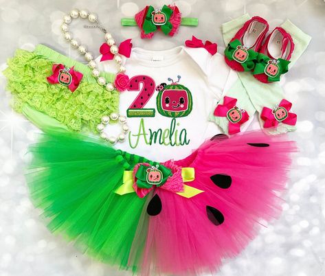 Cocomelon Tutu Outfit, Coco Melon Birthday Party Ideas, Cocomelon Outfit, Cocomelon Birthday Outfit, Birthday Tops, Cocomelon Theme, Coco Melon, Watermelon Birthday Parties, Shower Favors Baby