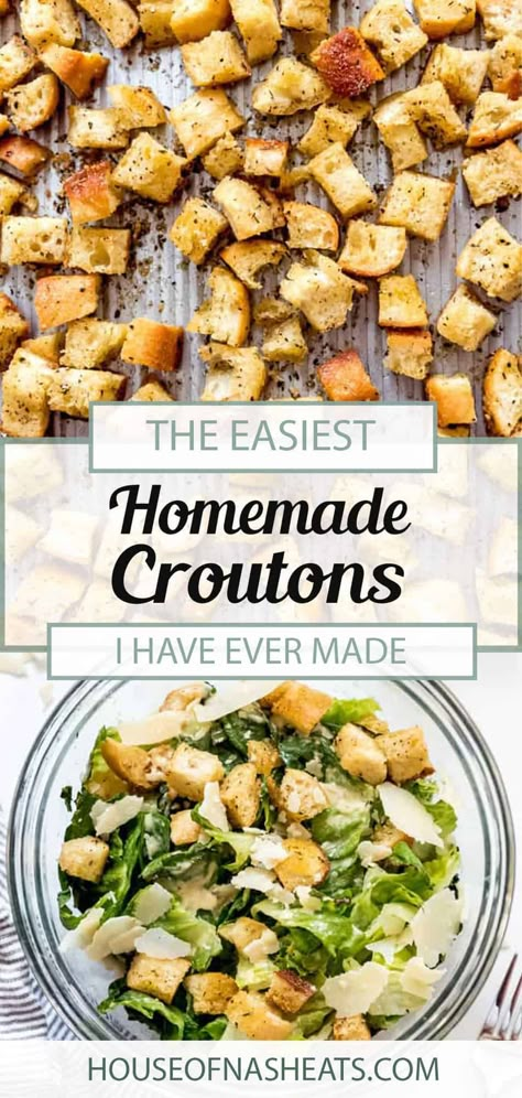 Homemade Croutons, laced with garlic and Italian seasoning, are SO easy to make! They pair perfectly with soups and salads, and can even go in homemade stuffing recipes. They are the perfect way to add a little crunch to your meal. These homemade garlic croutons are ready in 30 minutes or less, and can also be made gluten-free. #croutons #homemade #howtomake #best #easy #bread #salad #garlic #seasoning Gluten Free Croutons, Homemade Stuffing Recipes, Crouton Recipes, Tomato Soup Easy, Homemade Stuffing, Stuffing Ingredients, Satisfying Salads, Croutons Homemade, Stuffing Recipes