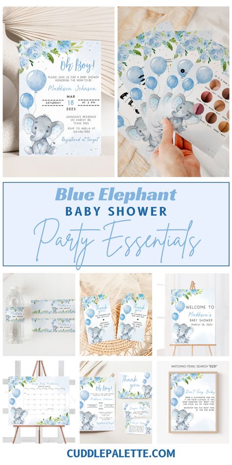 If you’re planning for an elephant-themed baby shower, this Blue Elephant Baby Shower Party Essentials is the answer to your problem! Browse through our collection of invitations, party decors, and games with the theme Floral Elephant Balloon to create the most memorable baby shower. Click through and start planning! Blue Elephant Baby Shower, Ducky Baby Showers, Elephant Balloon, Floral Elephant, Elephant Baby Shower Theme, Elephant Party, Elephant Theme, Party Essentials, Blue Elephant