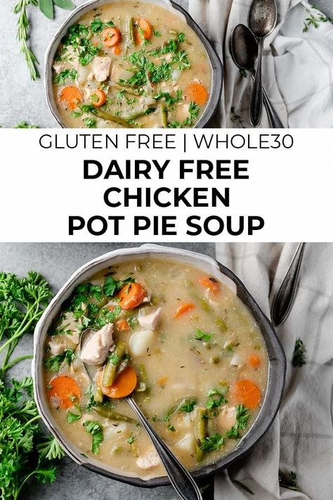 This dairy free chicken pot pie soup features a simple blend of fresh veggies and is thickened with cassava flour. It's creamy, hearty, and gloriously simple. Paleo, Whole30, and gluten free too! #paleo #whole30 #lowcarb #glutenfree Dairy Free Chicken Pot Pie Soup, Dairy Free Chicken Pot Pie, Whole30 Soup Recipes, Simple Paleo, Chicken Pot Pie Soup, Paleo Soup, Pot Pie Soup, Cassava Flour, Primal Paleo