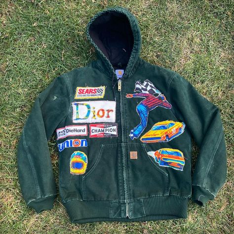 One of One New York on Instagram: “Carhartt x Dior x NASCAR lined duck jacket made with vintage made in the USA Sears curtains size XL available now for $225 🏎🏎🏎” Reworked Jacket, Reworked Clothes, Reworked Fashion, Reworked Clothing, Duck Jacket, Patchwork Sweatshirt, Patchwork Clothes, Repurposed Clothing, Fairy Clothes