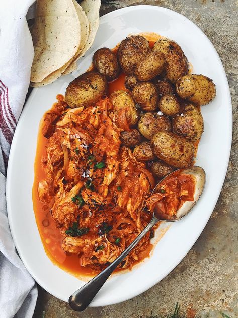 Chicken Tinga with Roasted Mexican Oregano New Potatoes — Life Limon Y Sal Mexican Oregano Recipes, Oregano Recipes, Mexican Oregano, Roasted Olives, Chicken Tinga, Lactose Free Recipes, New Potatoes, Poached Chicken, Chicken Entrees