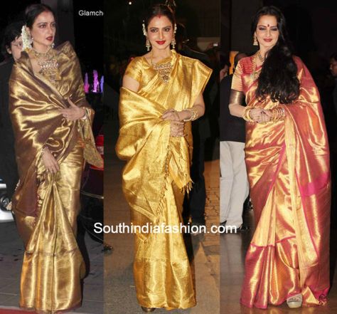 Rekha in golden kanjeevarams Rekha Style Blouse Design, Rekha Saree Collection, Rekha Actress Saree, Golden Silk Saree Bridal, Rekha In Kanjeevaram Sarees, Rekha Sarees, Golden Sarees, Rekha Saree, Bride's Sister