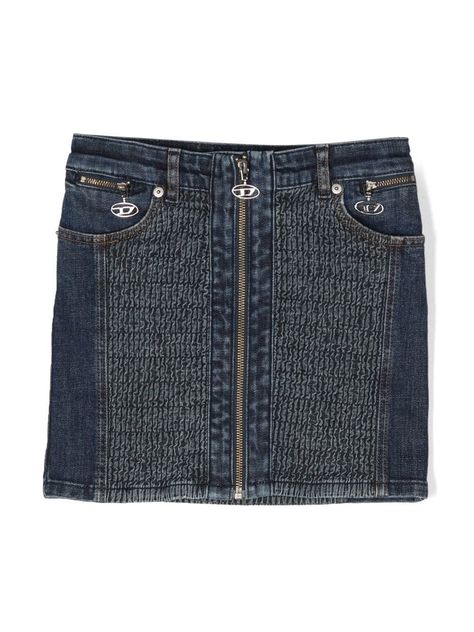 Ge-Ronny ruched denim skirt from DIESEL KIDS featuring blue, stretch-cotton, ruched detailing, high waist, front zip fastening, classic five pockets and straight hem. Diesel Skirt, Diesel Skirts, Skirts For Girls, Armani Hotel, Jean Skirts, Classic Corvette, Designer Denim, Denim Skirts, Airport Fashion