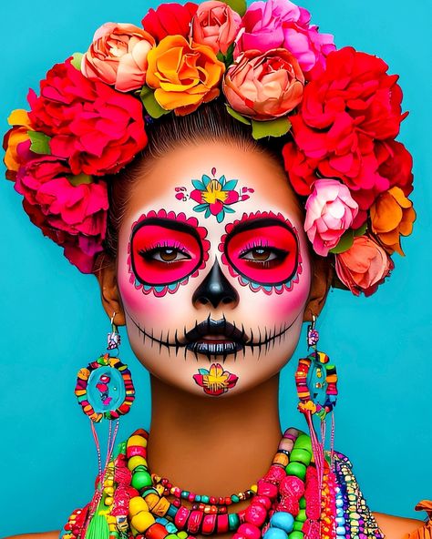 Happy Sunday everyone! Dropping a new colorful set of Catrinas to inspire your #diadelosmuertos hair and makeup looks. Enjoy! 🌈💄🌺 Colorful Catrina Makeup, Mexican Halloween Makeup, 50s Hair And Makeup, Mexican Halloween, Hallowen Party, 50s Hairstyles, Sugar Skull Makeup, Happy Sunday Everyone, Skull Makeup