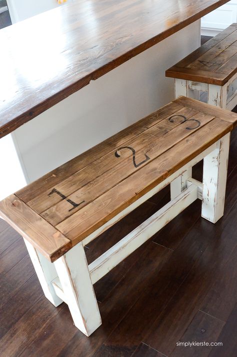 DIY Kitchen Benches | simplykierste.com Diy Kitchen Bench, Farmhouse Kitchen Diy, Farmhouse Bench Diy, Diy Kitchens, Wooden Benches, Diy Kitchen Table, Kitchen Table Bench, Kitchen Island Bench, Farmhouse Bench