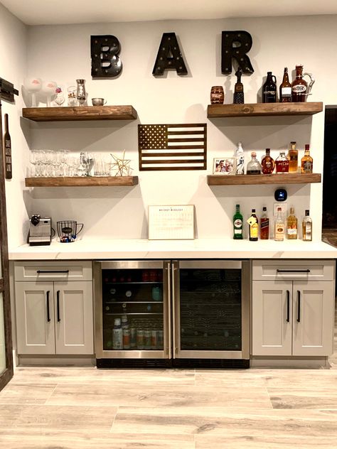 Kitchenette Shelving Ideas, Simple Dry Bar Ideas Basement, Basement Bar Against Wall, Basement Fridge Ideas, Small Kitchenette Ideas Basements, Small Bar Area In Basement, Basement Beverage Station, Basement Bar Wall Ideas, Basement Mini Bar Ideas