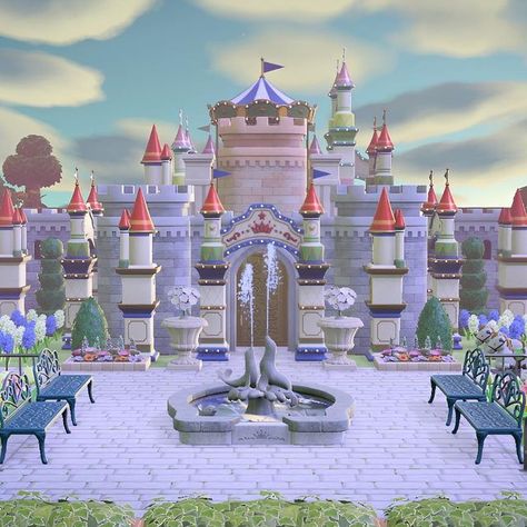 Michelle 👑 ACNH Addict on Instagram: "🏰 Cinderella’s Castle 🏰 Swipe to see how I made this castle. If you recreate on your island, I’d love to see it! Happy Friday, friends! #acnhbuilds #acnhexterior #acnhterraforming #acnhcastle Animal crossing ACNH Cinderella tutorial castle build speedbuild new horizons nintendo mom gamer explore cozy fyp" Acnh Castle Ideas, Animal Crossing Fairytale, Acnh Fairytale Island, Acnh Disney Island, Acnh Cinderella, Acnh Castle Designs, Castle Animal Crossing, Animal Crossing Castle, Acnh Disneyland