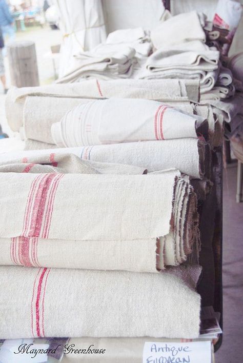 Look at all of that uncut grain sack material - DIED AND GONE TO HEAVEN.  (Interesting blog on grain sacks_ Grain Sack Fabric, Ticking Fabric, Grain Sack, Linens And Lace, Antique Linens, Fabulous Fabrics, Linen Textile, French Linen, Linen Closet