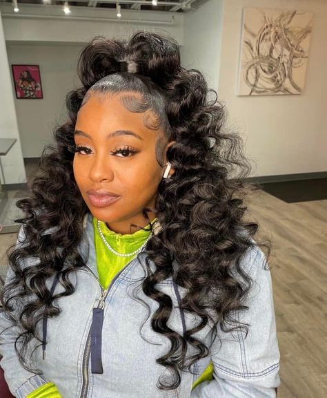 Curly Ponytail Weave With Bangs, Ponytail With 2 Bangs For Black Women, Up Down Ponytail Hairstyles, Burgundy Half Up Half Down Weave, Curly Half Up Half Down Weave Synthetic, Half Up Half Down Sewn In, Highlighted Wig Half Up Half Down, Half Up Half Down Synthetic Weave, Elle Hairstyles