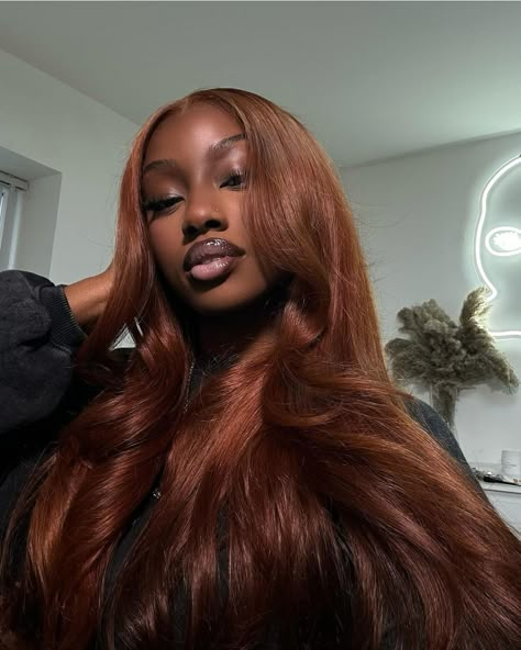 ig (@drealdior) Dark Skin Women With Ginger Hair Color, Dark Skin Color Wig, Ginger Hair Weave, Wigs For Black Women Ginger, Ginger Brown Wig Black Women, Ginger Dark Brown Hair, Wigs For Black Women Dark Skin, Brown Braids On Dark Skin Women, Copper Brown Hair Dark Skin