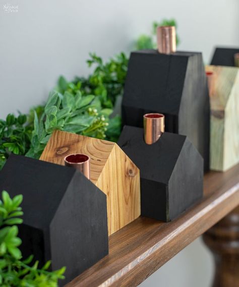 Christmas Wooden Candle Holders, Wooden House Candle Holder, Wood House Village, Diy Wood House, Wood Candle Holders Diy, House Candle Holder, House Candle, Copper Pipes, Winter Wreath Diy