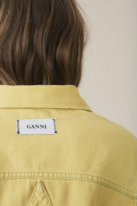 Ganni Denim - Honestly WTF Cool Clothing Tags Label Design, Ganni Packaging, Clothing Label Design, Denim Runway, Anise Flower, Clothing Labels Design, Hang Tags Clothing, Fashion Identity, Clothing Packaging