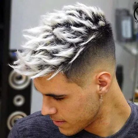 Thick Textured Bleached White Hair with High Fade 30 Hair Color, Trendy We Fryzurach, Dyed Hair Men, Mens Hair Colour, Taper Fade Haircut, Cool Short Hairstyles, Men Hair Color, Dark Hair With Highlights, Men Haircut Styles