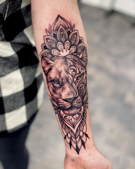 Lioness tattoo half realistic half mandala / dotwork / ornamental #woxtattoo #dotwotktattoo #mandalatattoo #lioness #tattooideas #tattooideasformen Madrid tattoo Animal Mandala Tattoo, Mandala Lion Tattoo, Mandala Tattoo Sleeve Women, Lioness Tattoo Design, Zebra Tattoos, Dotwork Tattoo Mandala, Mandela Tattoo, Mother Tattoos For Children, Half Mandala