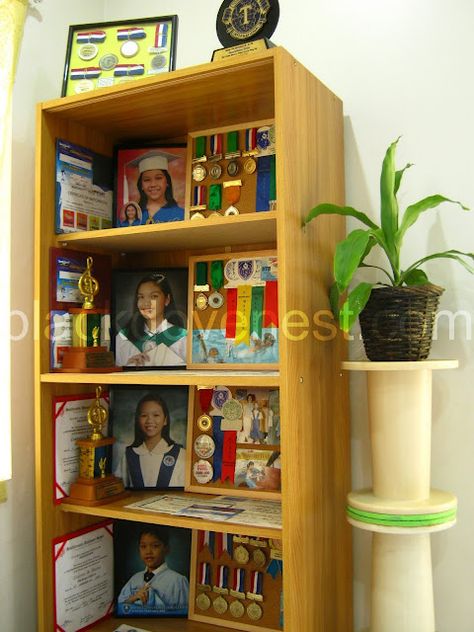 Award display shelves Award Showcase Display, Displaying Medals, Award Shelves, Medals And Trophies, Awards Display, Medals Display, Medal Hanger Display, Diy Organizing, Trophy Display