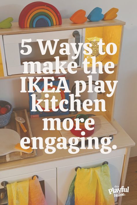 A play kitchen can be a great purchase for the play space, but what happens when it starts getting ignored? Here’s the thing, play kitchens are a great novelty in the beginning – children just love to emulate the real world in their play – but after a while, putting plastic fruit and veg into a toy saucepan and pretending to cook it loses its edge. Play Kitchen Montessori, Organize Play Kitchen, Play Kitchen Set Up Playrooms, Toddler Play Kitchen Area, Toddler Kitchen Organization, Kids Play Kitchen Organization, Toy Kitchen Organization, Kitchen Play Area For Kids, Kids Play Kitchen Area