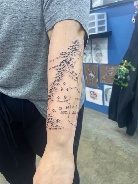 Map Of Middle Earth Tattoo, Fantasy Map Tattoo, Nerd Sleeve Tattoo, Minas Tirith Tattoo, Lord Of The Rings Map Tattoo, Lotr Map Tattoo, Middle Earth Map Tattoo, Earth Map Tattoo, Lotr Sleeve Tattoos