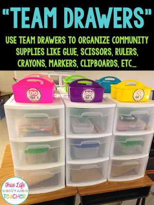 True Life I'm a Teacher: How to Keep Community Supplies Organized Group Bins Classroom, Classroom Groups Organization, Classroom Workbook Organization, Team Teaching Organization, Sterilite Drawers Classroom, Group Supply Organization Classroom, Table Group Organization Classroom Ideas, White Board Storage Classroom, Kagan Classroom Setup