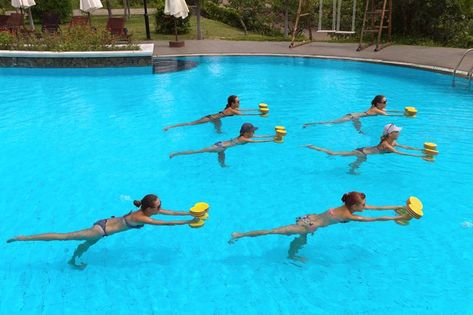 Exercising in the swimming pool is a great way to get an aerobic workout while minimizing the pressure placed on your body's joints. Water Aerobics Routine, Aqua Exercises, Aerobics Exercises, Water Aerobics Workout, Water Aerobic Exercises, Pool Workouts, Swimming Pool Exercises, Health Essay, Aqua Aerobics