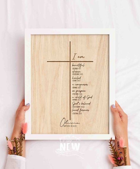 "Baptism Gift Girl, Personalized PRINTABLE, Baby Girl Gift, Nursery Wall Art, Godchild Baptism Sign Dedication Gift, Nursery Decor, Christian, Goddaughter, cross Baptism ----------------------------------------------------------------------------- I am: Great reminder of who you are in Christ this day forth and everyday ♥ This print contains 8 important bible verses on identity. We want you to be reminded everyday of your life of the truth of who you are. Only through knowing your God-given iden Important Bible Verses, Baby Dedication Gifts, Christian Gift Ideas, Baby Baptism Gifts, Christian Baptism, Dedication Ideas, Baptism Decorations, Baby Dedication