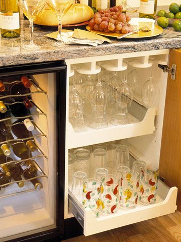 Easy Access for the wet bar Wine Glass Drawer Storage, Wine Glass Storage In Drawers, Wine Glass Drawer, Wine Glass Storage Ideas, Bar Glass Storage, Additional Kitchen Storage, Inside Cabinet, Basement Conversion, Wine Glass Storage