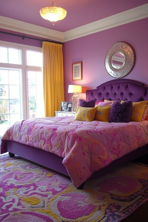 Purple And Orange Bedroom, Purple Yellow Aesthetic, Yellow Room Ideas, Pink And Yellow Bedroom, Bright Bedroom, Bedroom Ideas For Small Rooms Diy, Wall Chandelier, Pink Bedroom Ideas, Brighter Bedroom