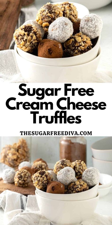 Sugar Free Cream Cheese Truffles, an easy and delicious no bake dessert or treat recipe. Sugar free, keto, low carb, and gluten free. Sugar Free Christmas Treats, Deserts With Cream Cheese, Sugar Free Truffles, Cream Cheese Truffles, Cheese Truffles, No Bake Truffles, No Sugar Desserts, Low Sugar Diet Recipes, Dinner Recipes Healthy Low Carb