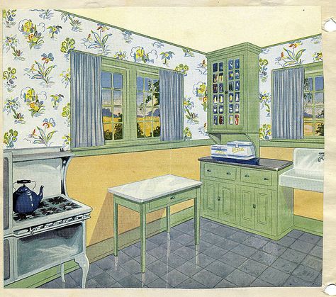 Vintage 1920 kitchen  Found this in an old scrapbook for a 1930 high school Home Ec assignment. I love the green, yellow, and steel blue color scheme. See more 1920s vintage kitchens on Antique Home & Style. Kitchen With Green Cabinets, 1920 Kitchen, Cardboard Kitchen, 1920s Home Decor, 1920s Interior, 1920s Kitchen, 1920s Decor, Cocina Shabby Chic, 1920s Interior Design